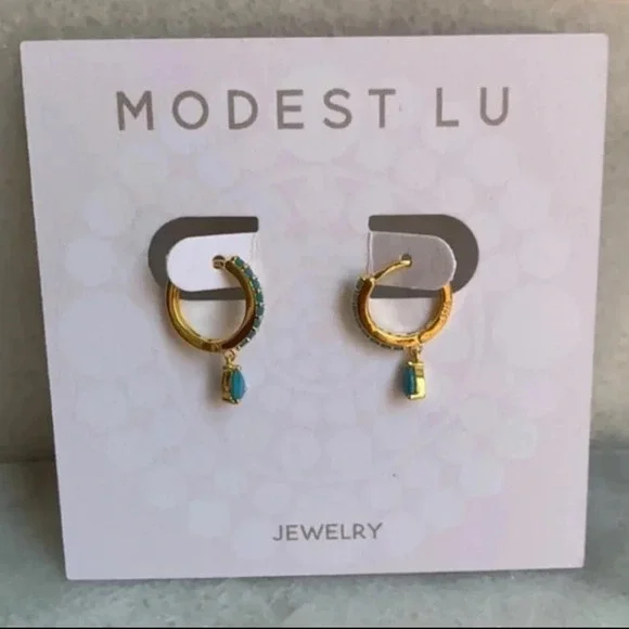 Gold Turquoise Tear Drop Crystal Huggie Hoop Earrings - Picture 4 of 5